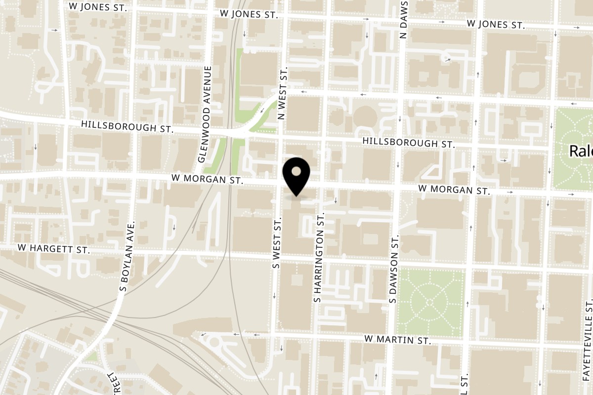 Map showing the location of BareBakedPizza Raleigh on 411 W Morgan St in Raleigh